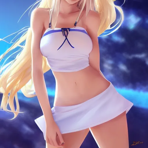 Prompt: full body shot : a very beautiful young blond basketball anime girl, sky blue eyes, bikini, white miniskirt, highly detailed, cinematic wallpaper by stanley artgerm lau