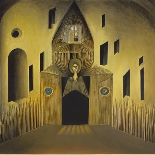 Image similar to an original painting by remedios varo, a building surrounded by angels