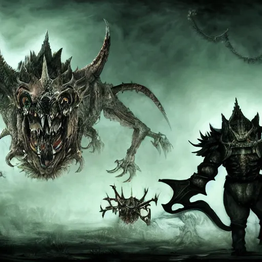 Image similar to concept art of bowser with huge horns and scales and talons in a ruined kingdom, resident evil, horror, occult, terror, mist, volumetric render, digital painting, detailed painting