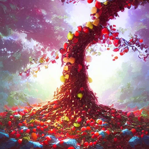 Image similar to tree made of all kinds fruits, by rossdraws, james jean, andrei riabovitchev, marc simonetti, yoshitaka amano, artstation, cgsociety