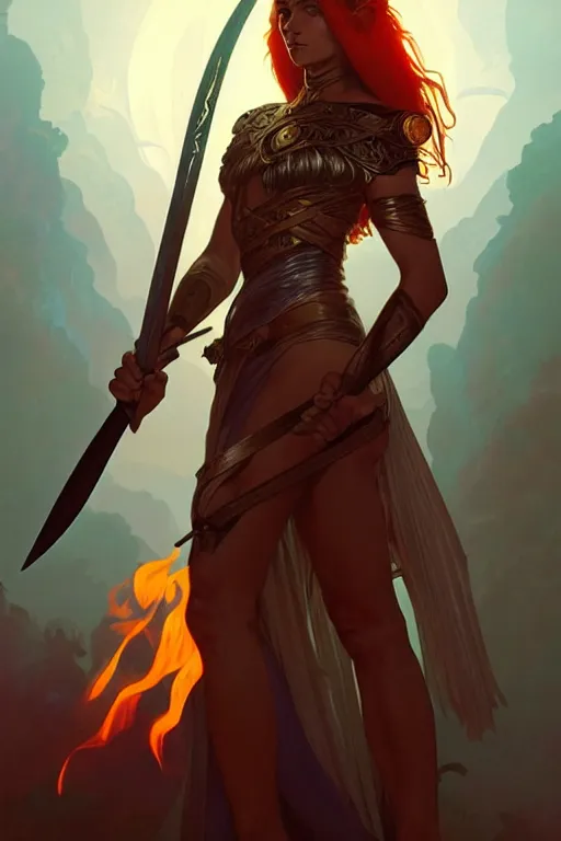 Image similar to a beautiful warrior woman with a fire sword, fantasy, sharp focus, intricate, elegant, digital painting, artstation, matte, highly detailed, concept art, illustration, ambient lighting, art by ilya kuvshinov, artgerm, Alphonse mucha, and Greg Rutkowski