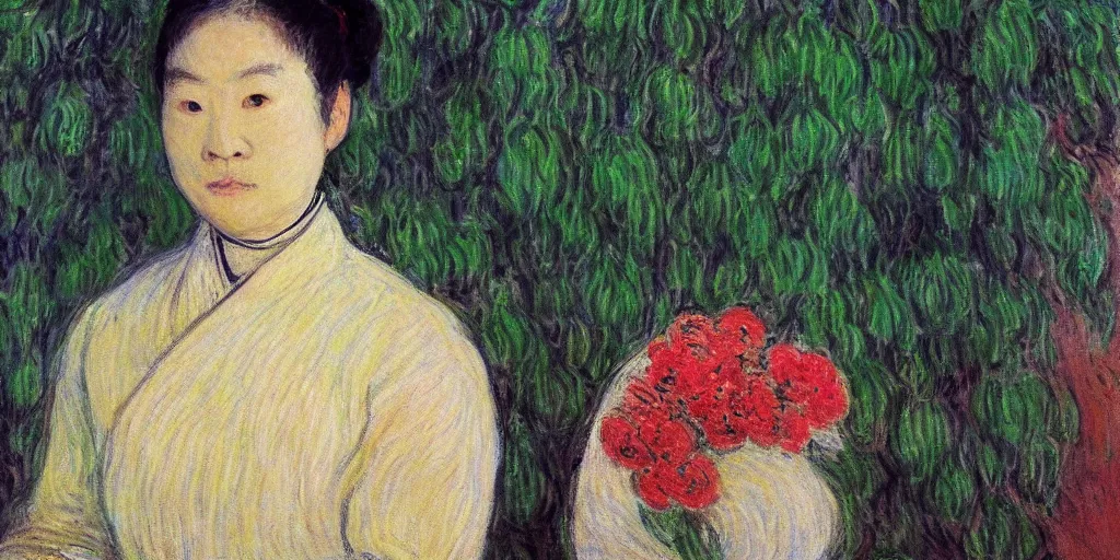 Prompt: A portrait of WANG2MU by Monet, in the Monet style.
