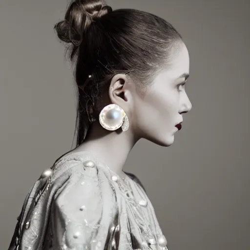 Prompt: behind the scenes of girl with a pearl ear ring by vermeer cinematic lighting vogue cover shoot