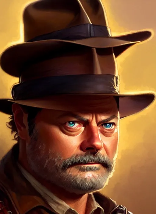 Image similar to portrait of nick offerman as indiana jones, intricate, elegant, highly detailed, digital painting, artstation, concept art, smooth, sharp focus, illustration, art by artgerm and greg rutkowski and alphonse mucha