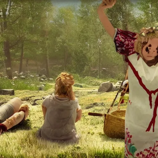 Image similar to a still from the movie midsommar made from a screenshot of the game okami