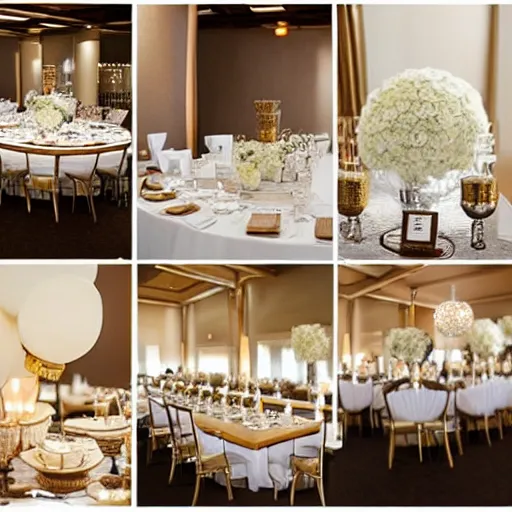 Prompt: walnut, gold, and white themed wedding reception