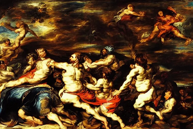 Prompt: Prometeus gifting art to humankind by Rubens and Delacroix, oil painting, hyper detailed, masterpiece, stylized