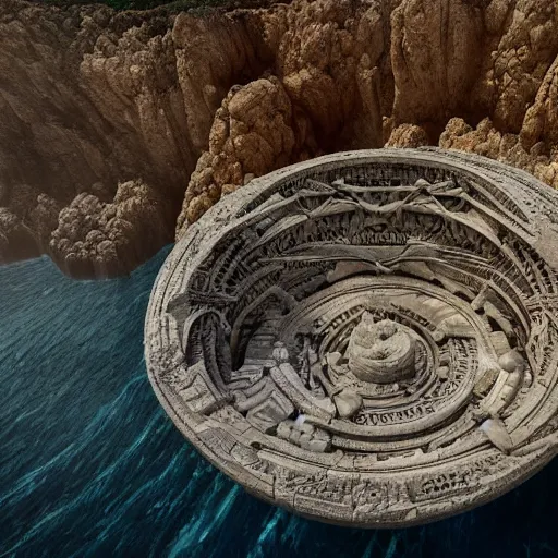 Prompt: a gigantic paleolothic torus made of stone with highly detailed carvings of intricate shamanic robotic electronics and circuitry, in a mediterranean lanscape, inside a valley overlooking the sea, in the style of michal karcz, mediterranean island scenery, mediterranean vista