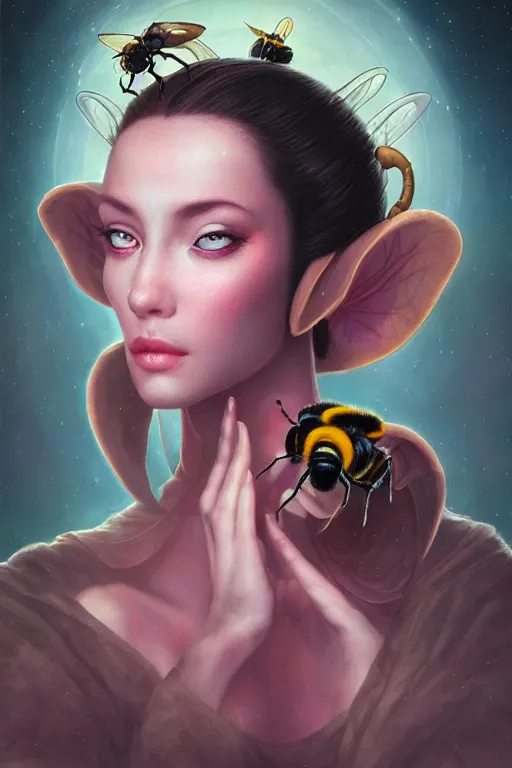 Image similar to portrait of an elegant alien bee woman queen, straight on portrait, by artgerm, tom bagshaw, gerald brom, vaporwave colors, lo - fi colors, vaporwave, lo - fi, moody vibe, goth vibe, 4 k, hd,