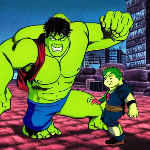 Image similar to shrek fighting the incredible hulk, anime, akira toriyama