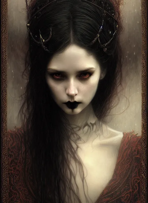 Prompt: portrait of a exquisite beautiful vampire girl with long elegant tangles of black hair, beautiful piercing eyes, gothic fog ambience, hyper realistic head, fantasy victorian art, in the style of greg rutkowski, zdizslaw beksinski, intricate, alphonse mucha, hyper detailed, smooth