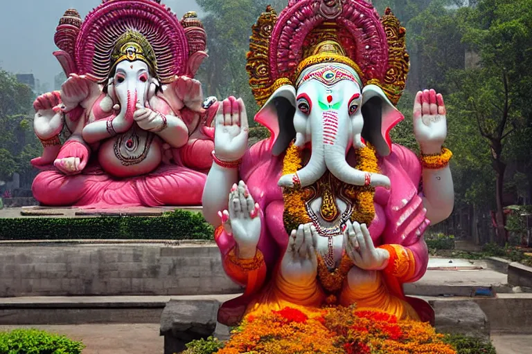 Image similar to beautiful futuristic new delhi, sharp sci - fi ganesha!! building, kalighat flowers, highly detailed, stephen shore & john j. park, cinematic morning light, wide shot, ground angle, uhd 8 k, sharp focus