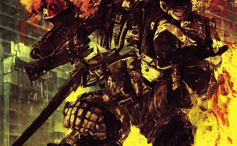 Prompt: the demonslayer carries a buster sword to vanquish all the shinra soldiers and the hell creatures invading the apartment building, judge dredd inspired, digital painting, hardcore metal cover art, intense, cinematic, muzzle flashes, graphic novel, masterpiece, by ilya kuvshinov, by yoji shinkawa, by kentaro miura