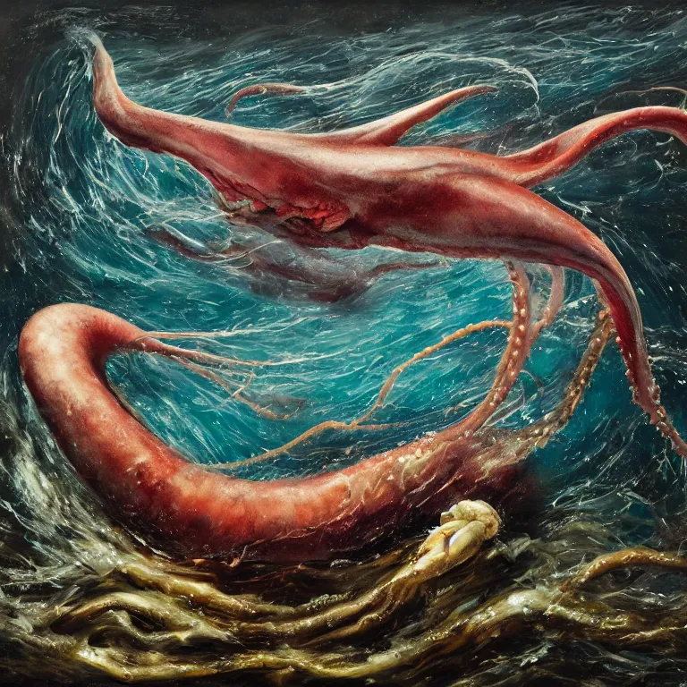 Prompt: Hyperrealistic intensely colored Studio wet collodion Photograph portrait of a deep sea Giant Squid battling Physeter Macrocephalus Whale deep underwater in darkness long exposure, award-winning nature deep sea expressionistic impasto heavy brushstrokes oil painting by Jenny Saville and Norman Rockwell and Audubon vivid colors hyperrealism 8k