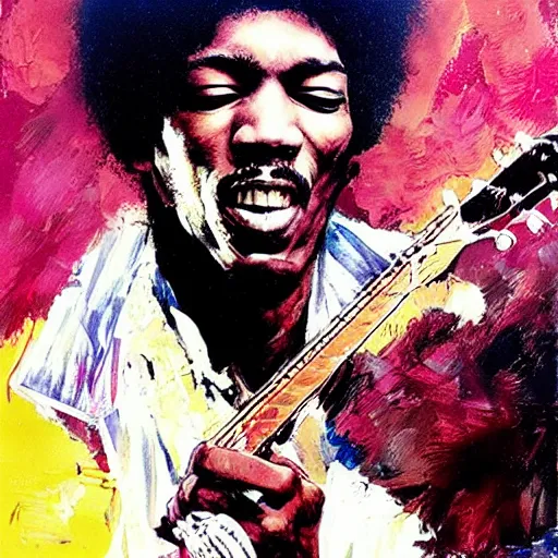 Image similar to Jimy Hendrix playing by Bill Sienkiewicz and Caravaggio