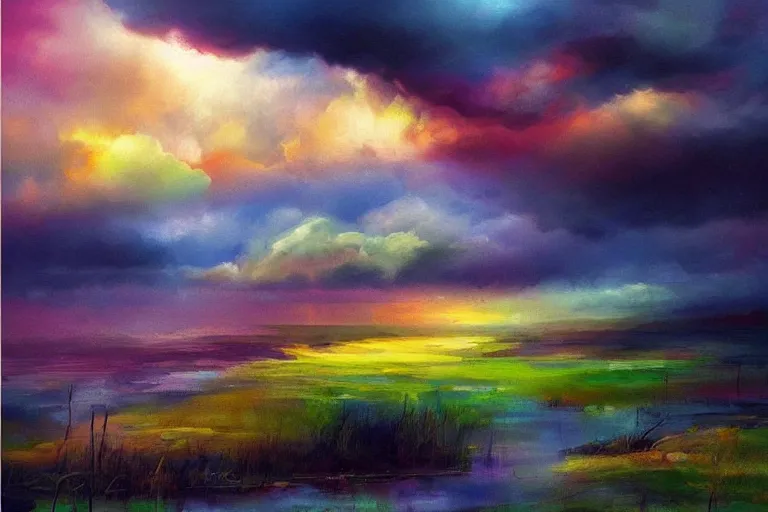 Image similar to amazing landscape painting with moody clouds and unusual colors, random-artist-blend