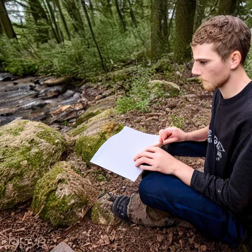 Prompt: Ethan Smith writing his next guide, (EOS 5DS, 84mm, RAW, postprocessed, facial features)