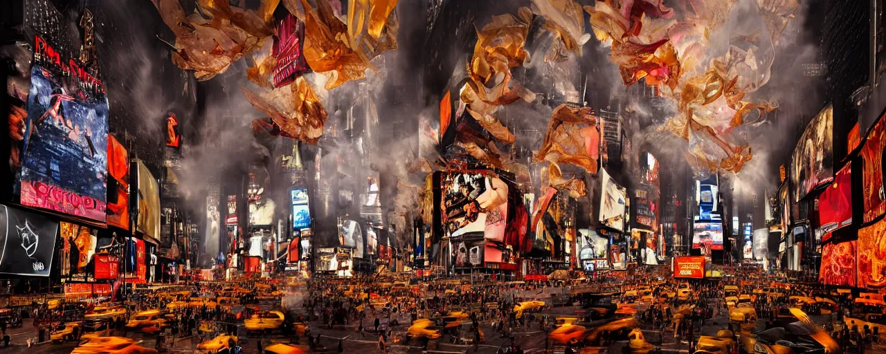 Image similar to 'Deamons unleashed in Times Square' by István Sándorfi royally decorated, whirling smoke, embers, gold adornements, gilt silk torn fabric, radiant colors, fantasy, perfect lighting, studio lit, volumetric lighting, micro details, 3d sculpture,