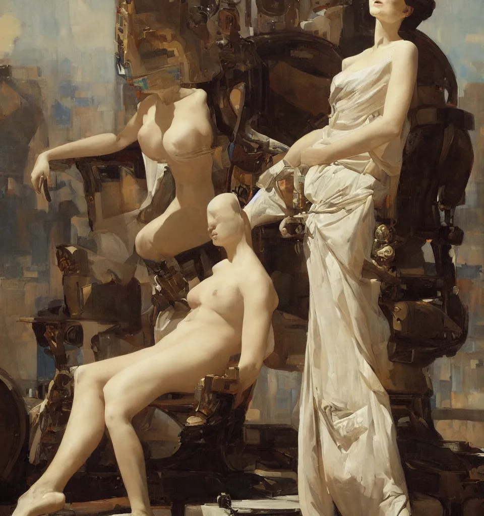 Image similar to splendid tall ingres slavian comtessa cyborg painting, greg rutkowski, on her throne