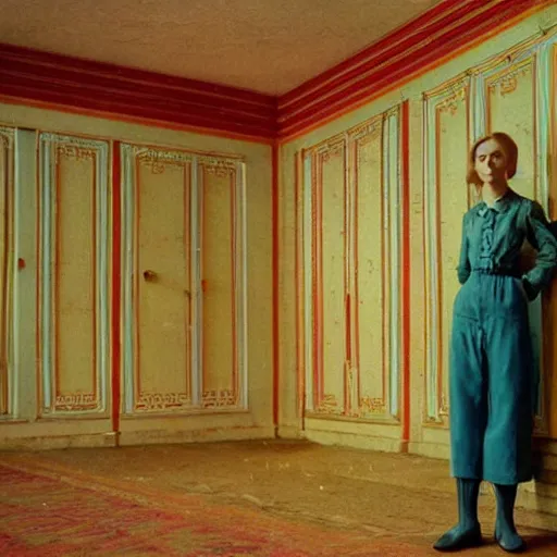 Image similar to a beautiful shiny girl in an soviet golden liminal abandoned room, film still by wes anderson, depicted by balthus, limited color palette, very intricate, art nouveau, highly detailed, lights by hopper, soft pastel colors