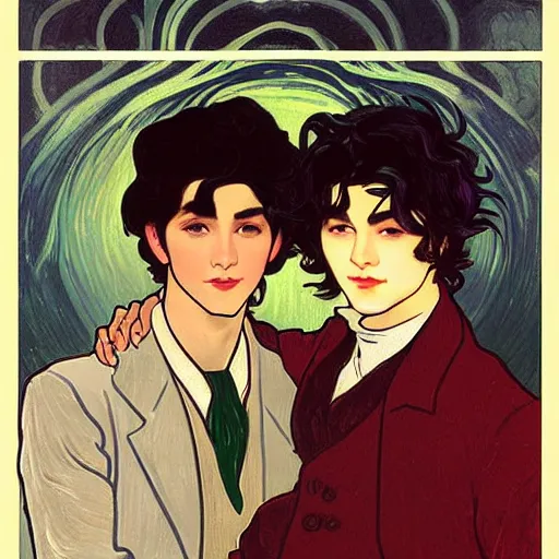 Image similar to painting of young cute handsome beautiful dark medium wavy hair man in his 2 0 s named shadow taehyung and cute handsome beautiful min - jun together at the halloween! party, bubbling cauldron!, candles!, smoke, autumn! colors, elegant, wearing suits!, clothes!, delicate facial features, art by alphonse mucha, vincent van gogh, egon schiele