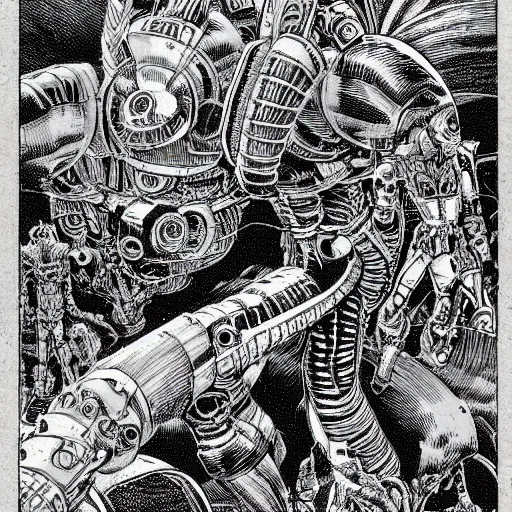 Prompt: biomechanical landscape in the style of barry windsor-smith