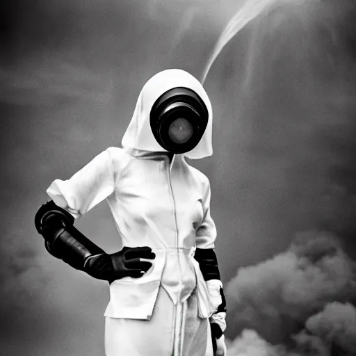 Image similar to agent woman with white suit, she wear gasmask, in mordor, standing close to Sauron's eye, fire raining, professional photography, black and white, cinematic, eerie