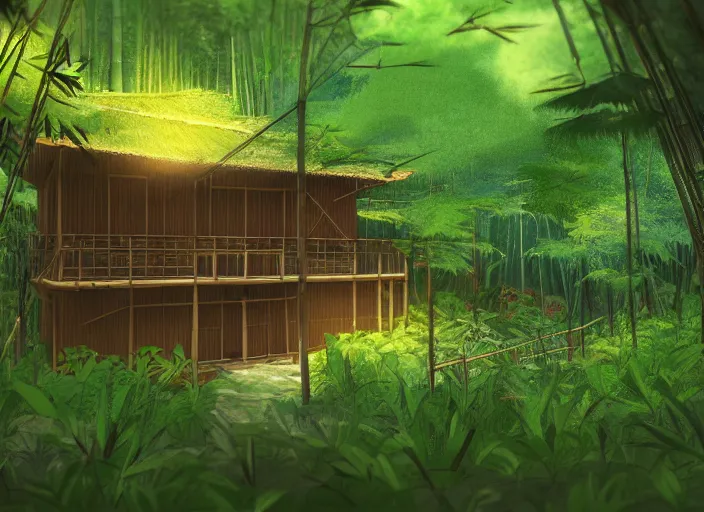 Image similar to deep in a japanese bamboo forest, small wooden house in distance, sunny, cartoony, sketched, mid day, realistic lighting, light rays, by ghibli studio, arcane, wild rift, trending on artstation, 4 k, hd