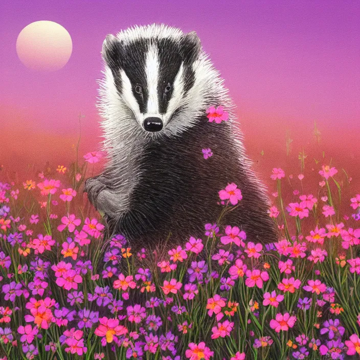 Prompt: album art of a badger sitting in a flower meadow at pink sunset, sakura trees, artstation trending