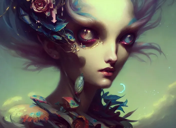 Image similar to close up picture of an maximalist dress girl, extremely beautiful and aesthetic and detailed cute face and eyes, with cute familiar sprites, chiaroscuro, intricate, masterpiece, fantasy illustrations by peter mohrbacher and anato finnstark and jeremy lipking