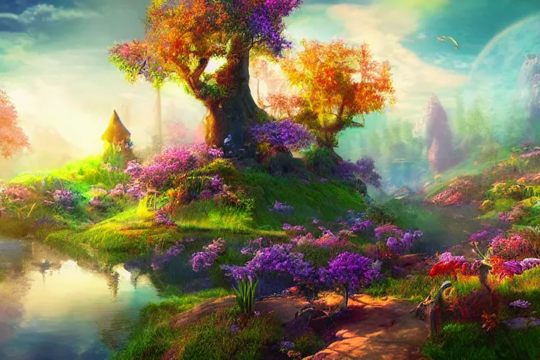 Image similar to Landscape of a beautiful enchanted fantasy world. Colorful. Cinematic lighting. Photorealism.