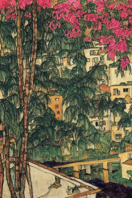 Image similar to a long river, tied bridge on local river, a lot of boat in river, 2 number house near a lot of palm trees and bougainvillea, summer, painting by egon schiele