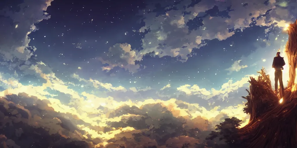 Prompt: isekai masterpiece anime man standing tree log looking up at colossal crystalized stars, high noon, cinematic, very warm colors, intense shadows, layered stratocumulus clouds, anime illustration, anime screenshot composite background
