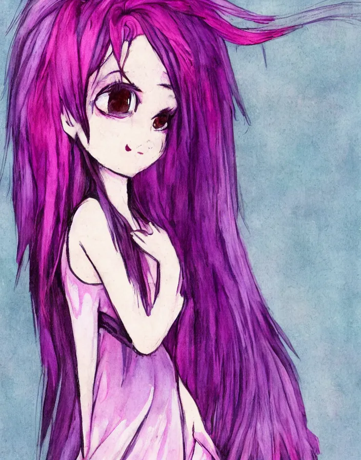 Image similar to little girl with eccentric pink hair wearing a dress made of purple feather, art by dcwj