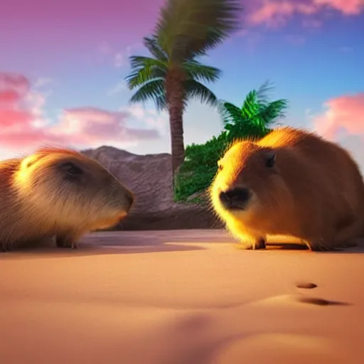 Prompt: “two best friend capybara and bunny with black spots on face and nose, on a beach with blue water and white sand, swaying palms, photorealistic render, colorful sunset, unreal engine 5, dynamic lighting, trending on artstation,”
