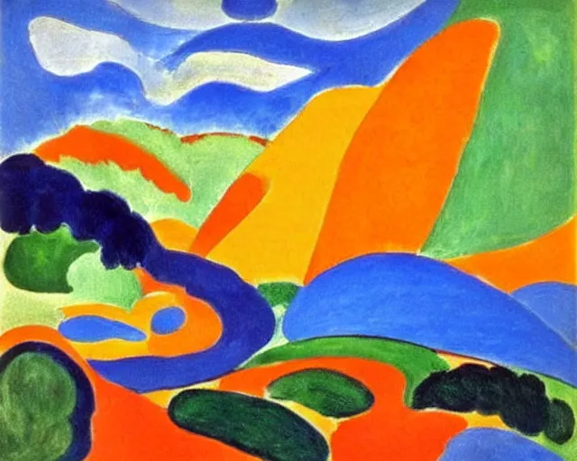 Image similar to Matisse landscape painting. Insane, modernist. Wild energy patterns rippling in all directions. Curves, organic, zig-zags. Saturated color. Mountains. Clouds. Waves. Rushing rivers.