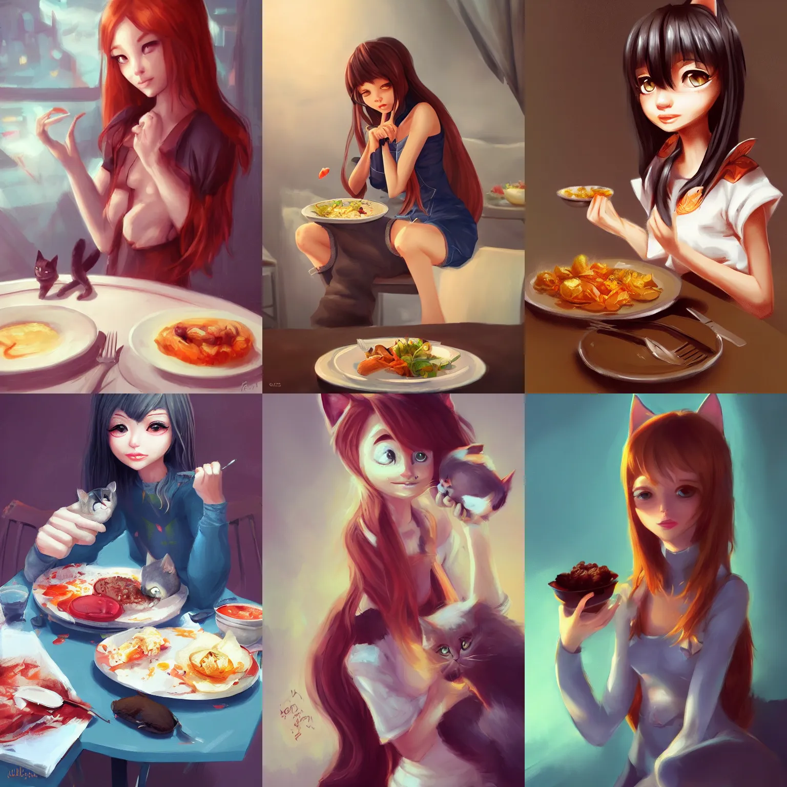 Prompt: cat girl eating dinner speedpaint by sandara juliathedragoncat artstation julia mato cindy avelino