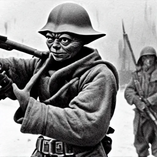 Prompt: Yoda as a Russian soldier in WW2, Battle of Stalingrad 1943, 4K, 30mm film stock, high detail, historical