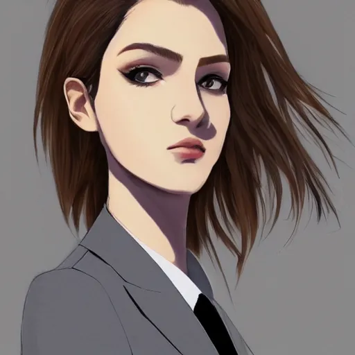 Prompt: woman in grey business suit, brown neat hair, pixiv, fanbox, trending on artstation, portrait, modern, sleek, highly detailed, formal, serious, determined, competent, colorized, smooth, charming, pretty, safe for work