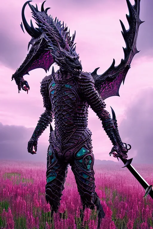 Image similar to hyperrealistic neo - gothic human dragon hybrid, exoskeleton armor, fighting with sword, field of pink flowers, highly detailed digital art masterpiece, vitaly bulgarov dramatic dark teal light, ground angle hd 8 k, sharp focus