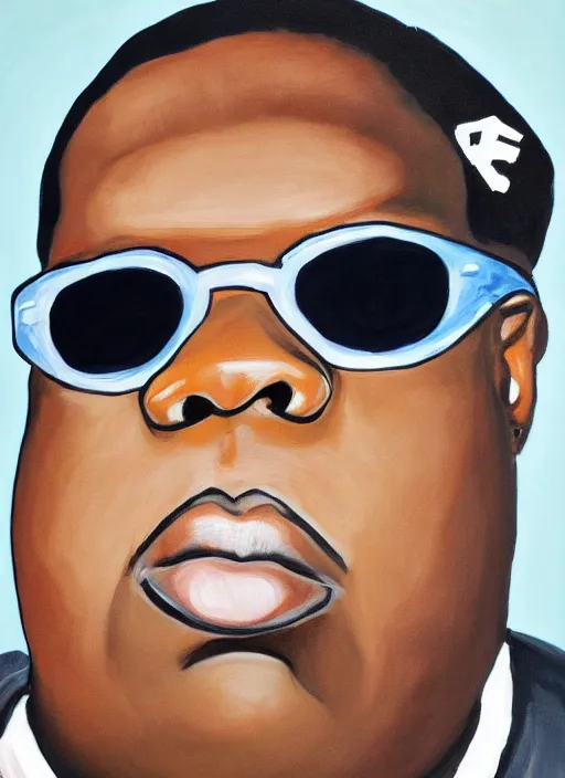 Prompt: portrait of biggie smalls wearing sunglasses painted by Brandon Deener, black and blue