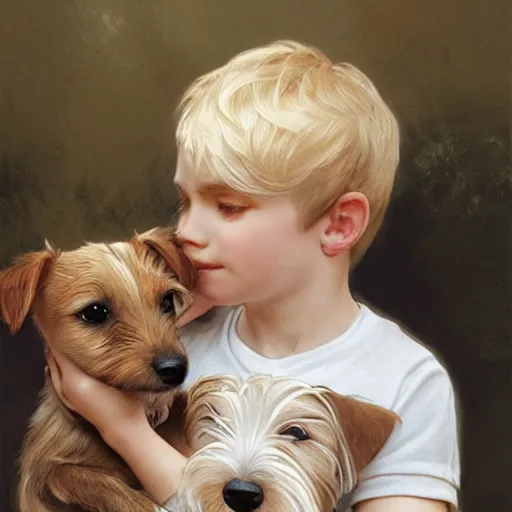 Prompt: a three year old boy with short blonde hair petting the head of a very cute wire haired jack russell terrier puppy, white with brown patches over both eyes. detailed, high quality painting by artgerm and greg rutkowski and alphonse mucha