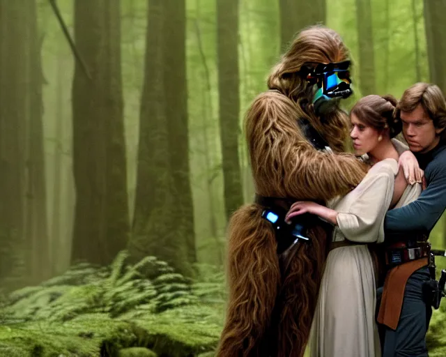 Image similar to luke skywalker, princess leia and han solo hugging and kissing in the forest of endor in a modern remake of return of the jedi