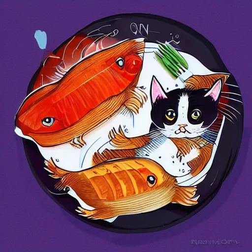 Image similar to cats slicing open fish on a platter in maiden outifts. Cute drawing, colorful deep meaning trending on artstation.