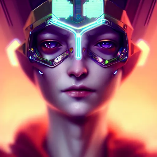 Image similar to cyberpunk robotic elvish queen, diadem on the head, extremely detailed, hyperrealistic, intricate, soft light, fantasy, digital painting, art station, perfect faces, fine details, by wlop