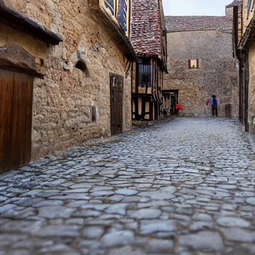 Prompt: medieval village filled with cheering people, empty road in the middle, eye level, photo - realistic