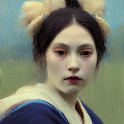 Image similar to girl with pigtails, in kimono, closeup portrait frontview, ethereal, jeremy lipking, tim rees, joseph todorovitch