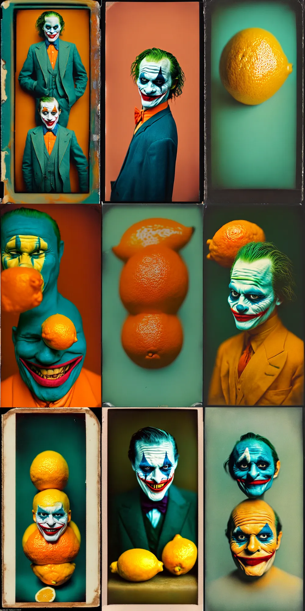 Image similar to kodak portra 4 0 0, wetplate, 8 k, shot of a highly detailed, britt marling style, colour still - life portrait of a lemon looks like 1 9 9 9 joker, teal and orange, muted coloures