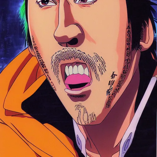 Image similar to anime portrait painting of nicholas cage by hayao miyazaki, katsuhiro otomo, akira toriyama, satoshi kon, eiichiro oda, hideaki anno