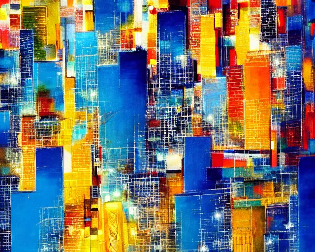 Image similar to an abstract picture of a city at night, an abstract painting by otake chikuha, pixiv, lyrical abstraction, mixed media, cityscape, dynamic composition